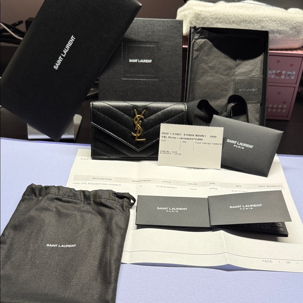 Yves Saint Laurent Quilted Black Card Holder with Gold Logo